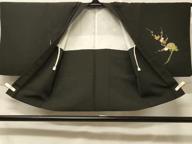 平和屋着物＃羽織　駒刺繍　扇面槍梅文　黒地　正絹　逸品　CABD7709in