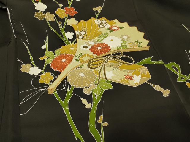 平和屋着物＃羽織　駒刺繍　扇面槍梅文　黒地　正絹　逸品　CABD7709in