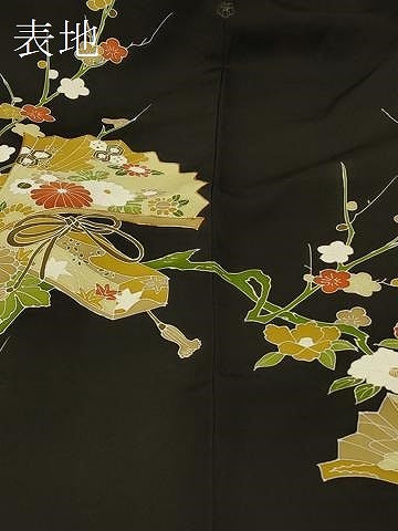 平和屋着物＃羽織　駒刺繍　扇面槍梅文　黒地　正絹　逸品　CABD7709in