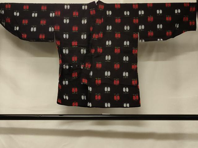 平和屋着物＃久留米絣　道中着　単衣　草花文　黒地　綿　逸品　CABD7715in