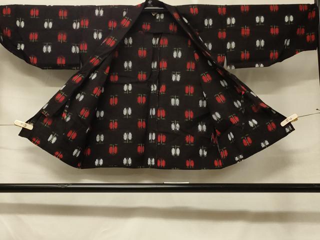 平和屋着物＃久留米絣　道中着　単衣　草花文　黒地　綿　逸品　CABD7715in