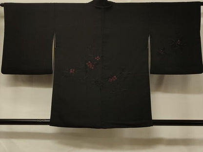 平和屋着物＃羽織　総刺繍　草花文　黒地　正絹　逸品　CABD7719in