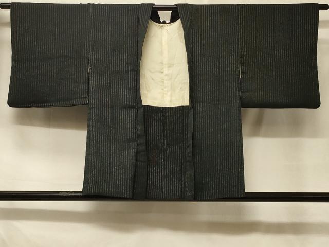 平和屋着物＃羽織　縞　黒地　銀糸　正絹　逸品　CABD7738in