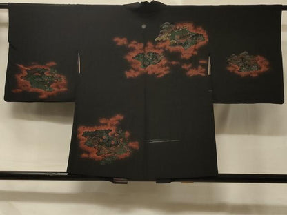 平和屋着物＃羽織 寿光織 雲取り風景花文 黒地 金銀糸 正絹 逸品 CABD7771
