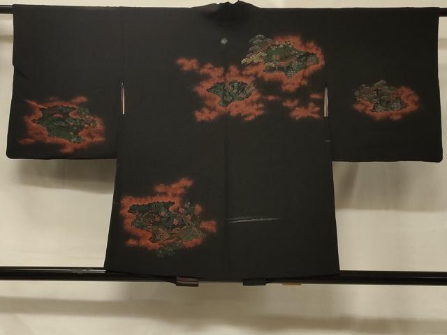平和屋着物＃羽織 寿光織 雲取り風景花文 黒地 金銀糸 正絹 逸品 CABD7771