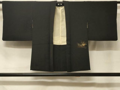 平和屋着物＃羽織 寿光織 草花文 暈し染め 黒地 金彩 正絹 逸品 CABD7772in