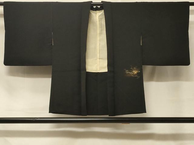平和屋着物＃羽織 寿光織 草花文 暈し染め 黒地 金彩 正絹 逸品 CABD7772in