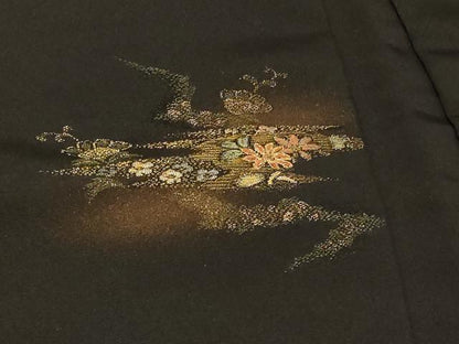 平和屋着物＃羽織 寿光織 草花文 暈し染め 黒地 金彩 正絹 逸品 CABD7772in