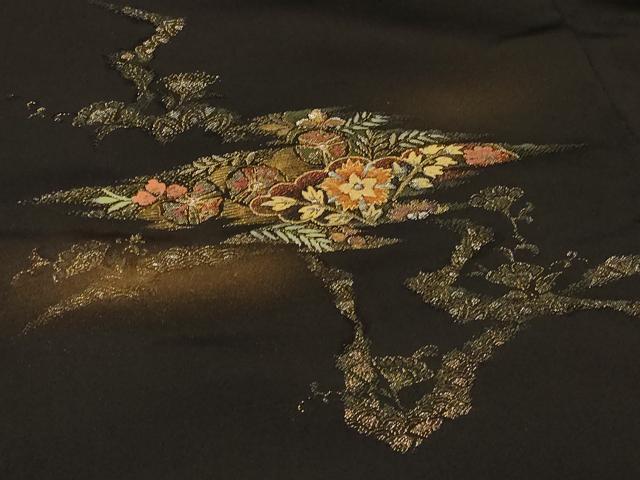 平和屋着物＃羽織 寿光織 草花文 暈し染め 黒地 金彩 正絹 逸品 CABD7772in