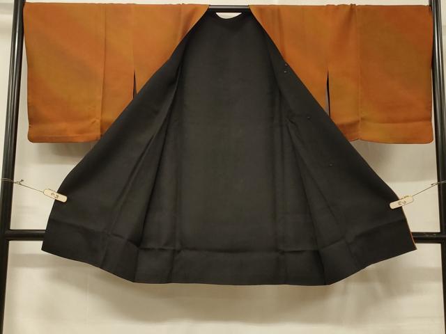 平和屋着物＃染色作家 斉藤三才 道行コート リバーシブル 斜線文 暈し染め 黒地 反端付き 正絹 逸品 CABD7786in