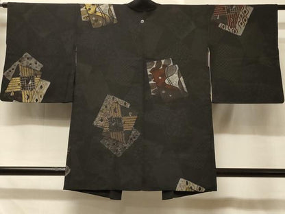 平和屋着物＃羽織 寿光織 色紙重ね花文 黒地 金銀糸 正絹 逸品 CABD7792in
