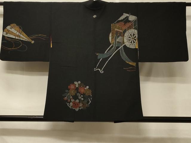 平和屋着物＃羽織　寿光織　御所車草花丸文　黒地　金銀糸　正絹　逸品　CABD7857in