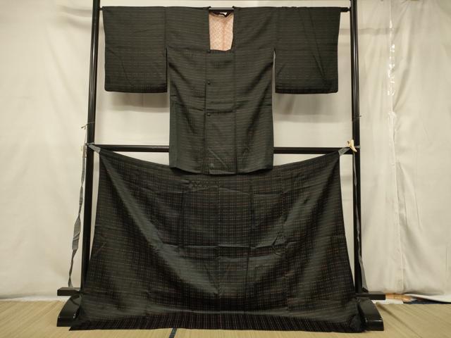 平和屋着物＃道行コート　二部式　単衣　格子柄　黒地　正絹　逸品　CABD7871in