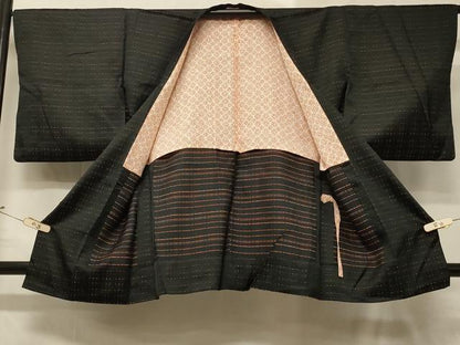 平和屋着物＃道行コート　二部式　単衣　格子柄　黒地　正絹　逸品　CABD7871in