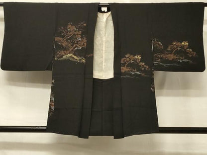 平和屋着物＃羽織 寿光織 風景文 黒地 金糸 正絹 逸品 CABD7880in