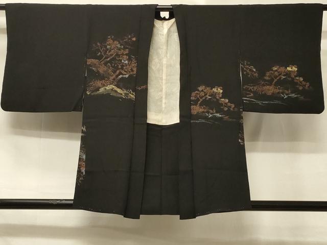 平和屋着物＃羽織 寿光織 風景文 黒地 金糸 正絹 逸品 CABD7880in