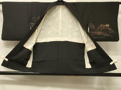 平和屋着物＃羽織 寿光織 風景文 黒地 金糸 正絹 逸品 CABD7880in