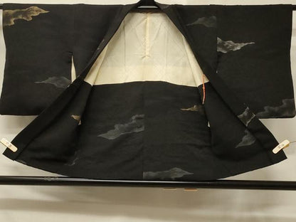 平和屋着物＃羽織 寿光織 雲取り文 黒地 金銀糸 正絹 逸品 CABD7891in