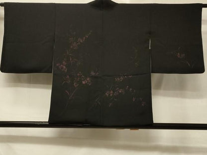 平和屋着物＃羽織 草花文 黒地 正絹 逸品 CABD7892in