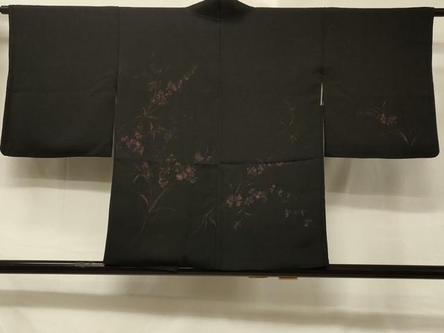 平和屋着物＃羽織 草花文 黒地 正絹 逸品 CABD7892in
