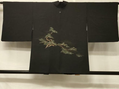 平和屋着物＃羽織 寿光織 流水枝松文 黒地 金銀糸 正絹 逸品 CABD7895in