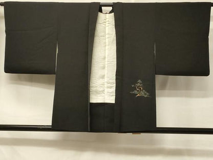 平和屋着物＃羽織 寿光織 流水枝松文 黒地 金銀糸 正絹 逸品 CABD7895in