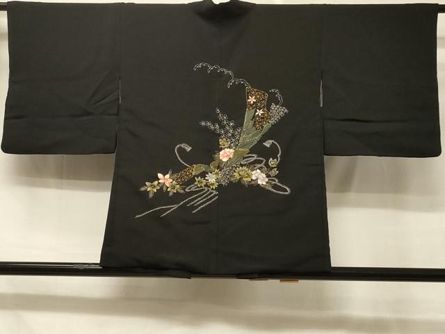 平和屋着物＃羽織 総刺繍 舞花文 黒地 金糸 正絹 逸品 CABD7897in