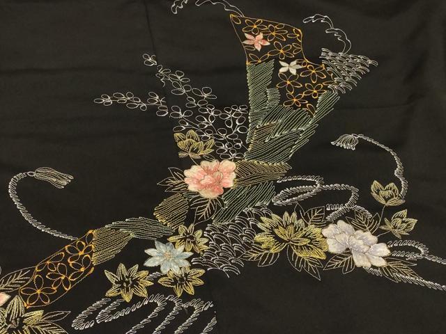 平和屋着物＃羽織 総刺繍 舞花文 黒地 金糸 正絹 逸品 CABD7897in