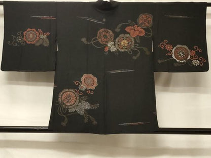 平和屋着物＃羽織 寿光織 鏡裏草花文 黒地 銀糸 正絹 逸品 CABD7902in