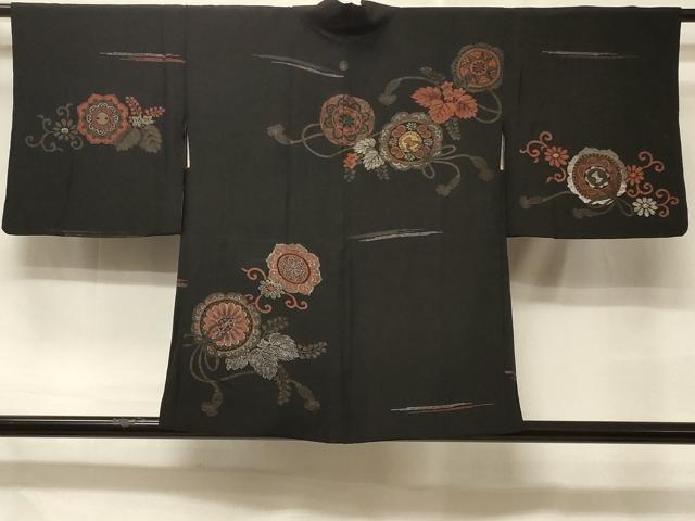 平和屋着物＃羽織 寿光織 鏡裏草花文 黒地 銀糸 正絹 逸品 CABD7902in