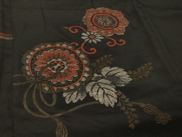 平和屋着物＃羽織 寿光織 鏡裏草花文 黒地 銀糸 正絹 逸品 CABD7902in