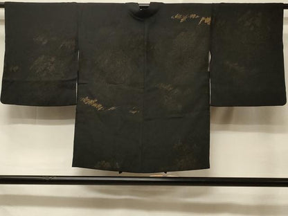 平和屋着物＃羽織 寿光織 遠山文 黒地 金糸 正絹 逸品 CABD7906in