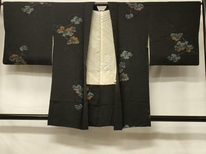 平和屋着物＃羽織　寿光織　枝葉文　黒地　正絹　逸品　CABD7911in