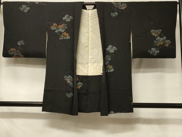 平和屋着物＃羽織　寿光織　枝葉文　黒地　正絹　逸品　CABD7911in
