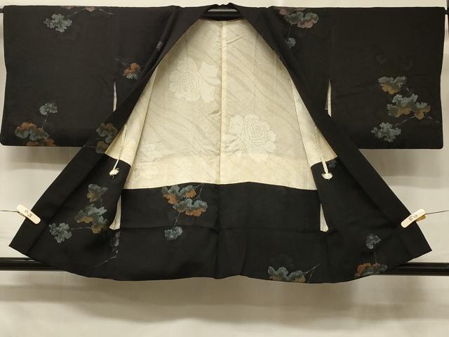 平和屋着物＃羽織　寿光織　枝葉文　黒地　正絹　逸品　CABD7911in
