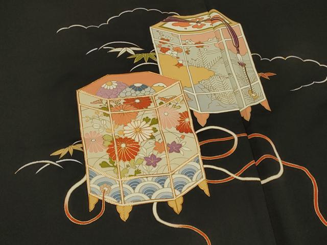 平和屋着物＃羽織　駒刺繍　貝桶草花文　黒地　金彩　正絹　逸品　CABD7929in