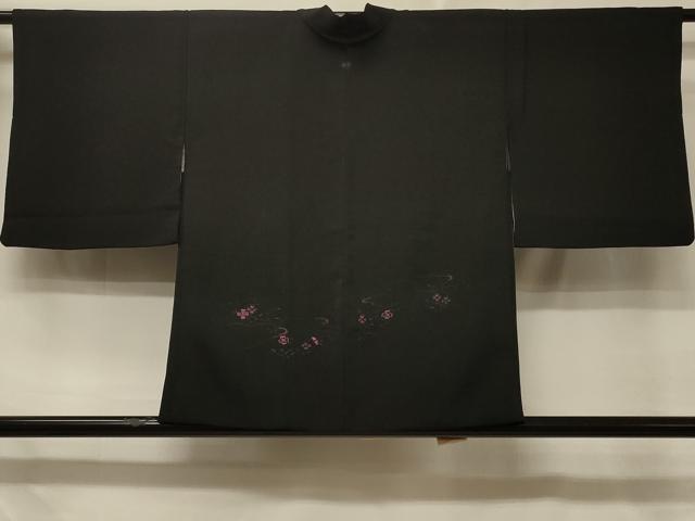 平和屋着物＃羽織　総刺繍　雲取り草花文　黒地　正絹　逸品　CABD7934in
