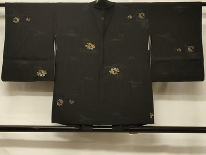 平和屋着物＃羽織　寿光織　草花丸文　黒地　金銀糸　正絹　逸品　CABD7936in