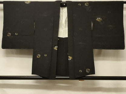 平和屋着物＃羽織　寿光織　草花丸文　黒地　金銀糸　正絹　逸品　CABD7936in