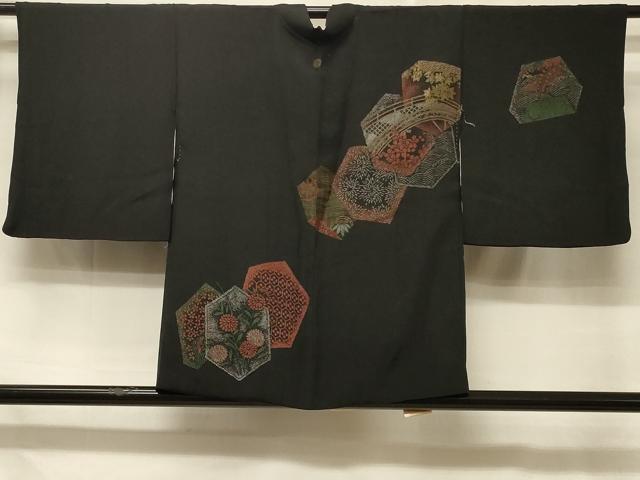 平和屋着物＃羽織　寿光織　渡り橋草花文　黒地　金銀糸　正絹　逸品　CABD7937in