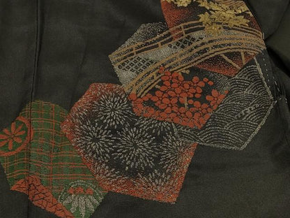 平和屋着物＃羽織　寿光織　渡り橋草花文　黒地　金銀糸　正絹　逸品　CABD7937in