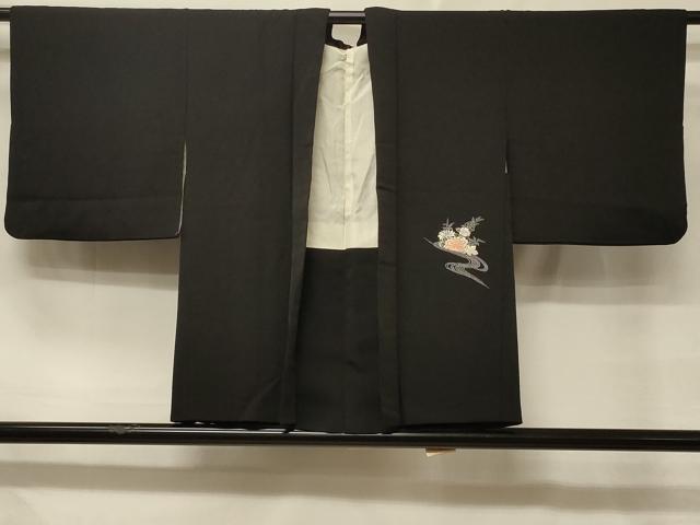 平和屋着物＃羽織　駒刺繍　流水飾花文　黒地　銀糸　正絹　逸品　CABD7938in