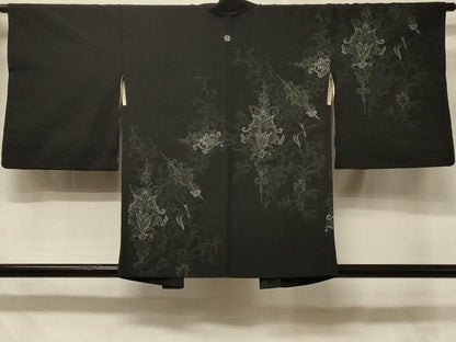 平和屋着物＃羽織　寿光織　更紗花文　黒地　銀糸　正絹　逸品　CABD7950in