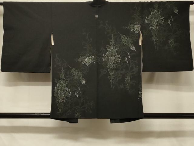 平和屋着物＃羽織　寿光織　更紗花文　黒地　銀糸　正絹　逸品　CABD7950in