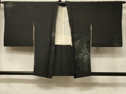 平和屋着物＃羽織　寿光織　更紗花文　黒地　銀糸　正絹　逸品　CABD7950in