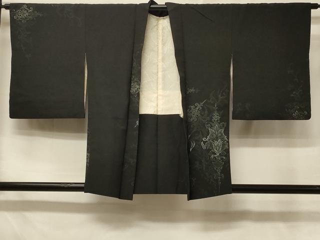 平和屋着物＃羽織　寿光織　更紗花文　黒地　銀糸　正絹　逸品　CABD7950in