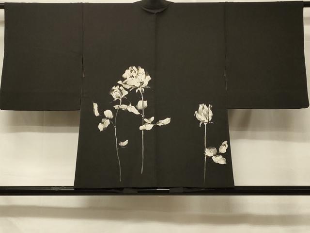 平和屋着物＃羽織　手描き　薔薇　バラ　黒地　正絹　逸品　CABD7951in