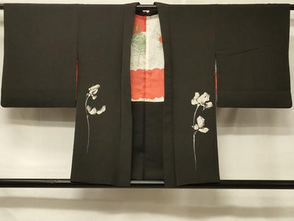 平和屋着物＃羽織　手描き　薔薇　バラ　黒地　正絹　逸品　CABD7951in