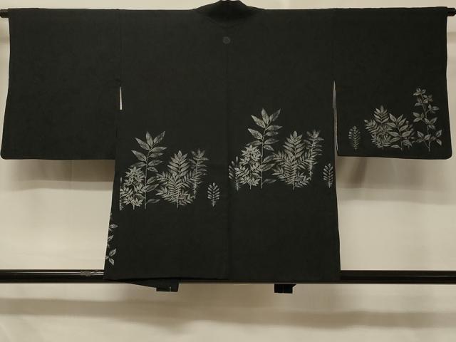 平和屋着物＃羽織　寿光織　枝葉文　黒地　銀糸　正絹　逸品　CABD7962in