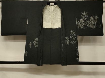 平和屋着物＃羽織　寿光織　枝葉文　黒地　銀糸　正絹　逸品　CABD7962in